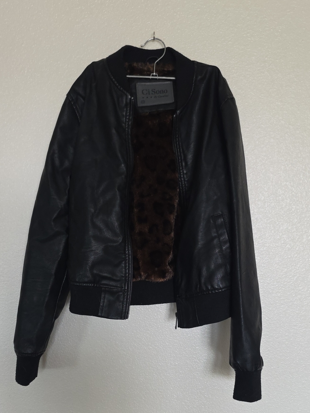 Ci Sono Black Faux Leather Bomber Jacket with Brown Faux Fur Lining
